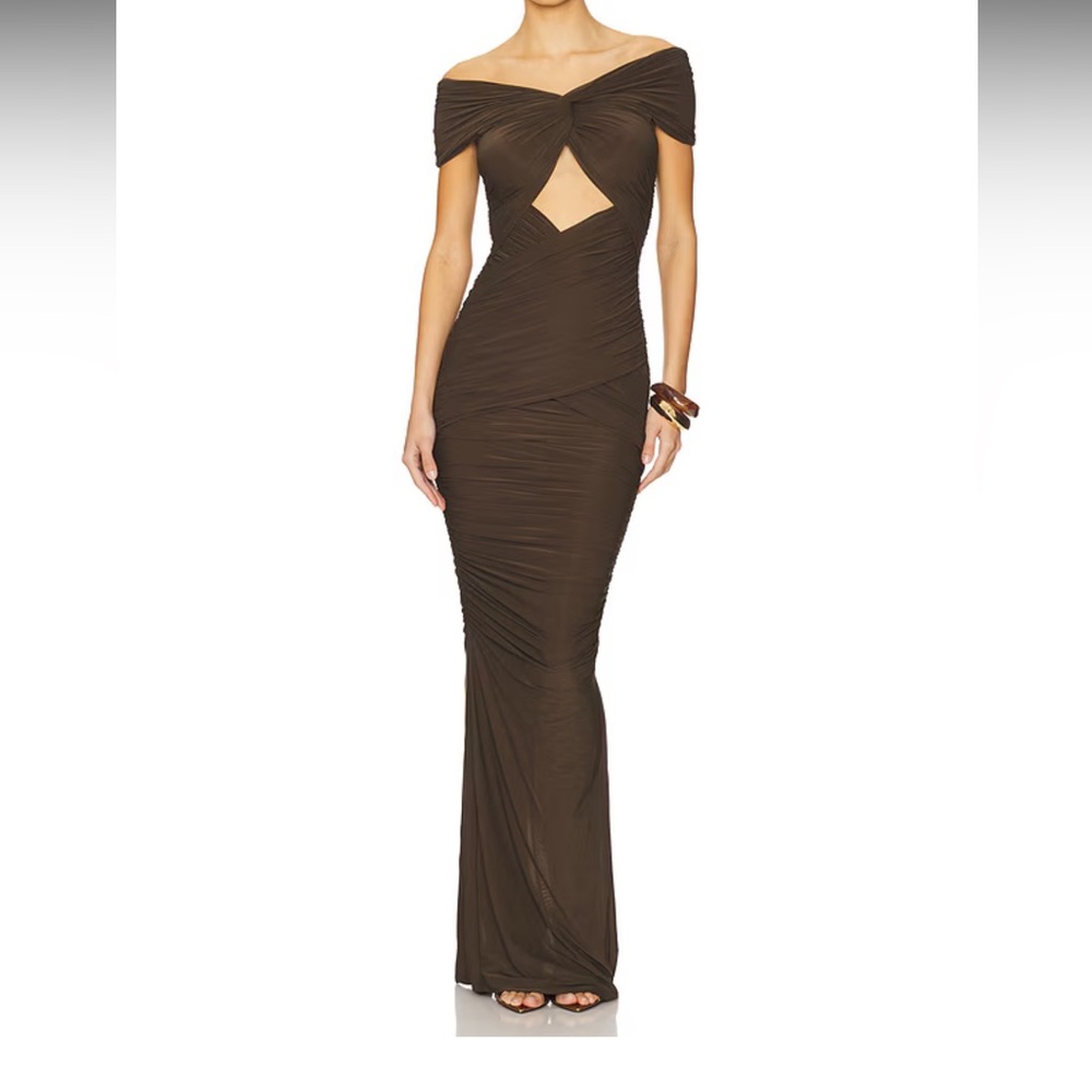 Ronny Kobo Collection Brown Off-Shoulder Dress